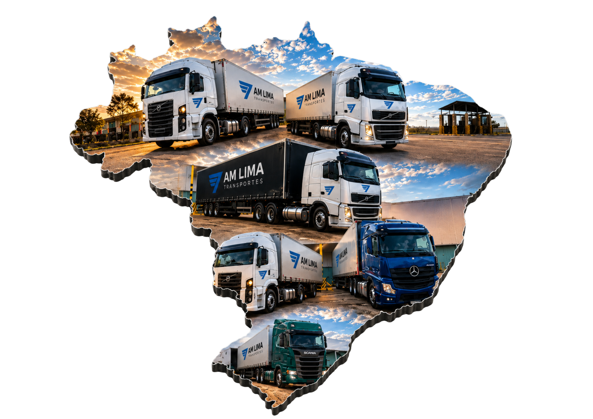 Mapa do Brasil composto por imagens de caminhões da A.M. Lima Transportes